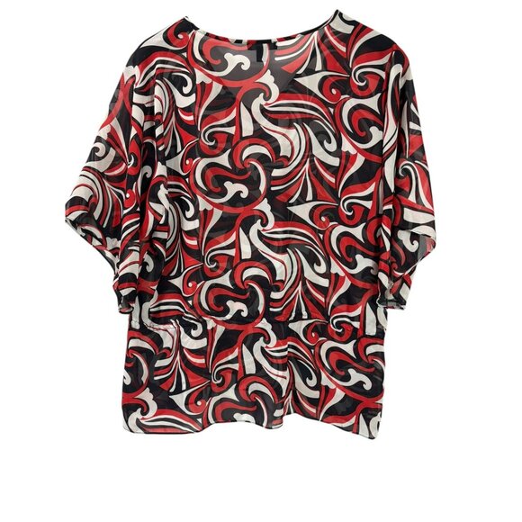 Y2K Chaps Womens Sheer Top Size 1X Abstract Tunic Blouse Red Black White - Picture 6 of 7